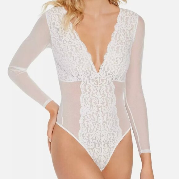 INC International concepts Women's XL Long Sleeve Lace Mesh Bodysuit‎ White New - Picture 1 of 7